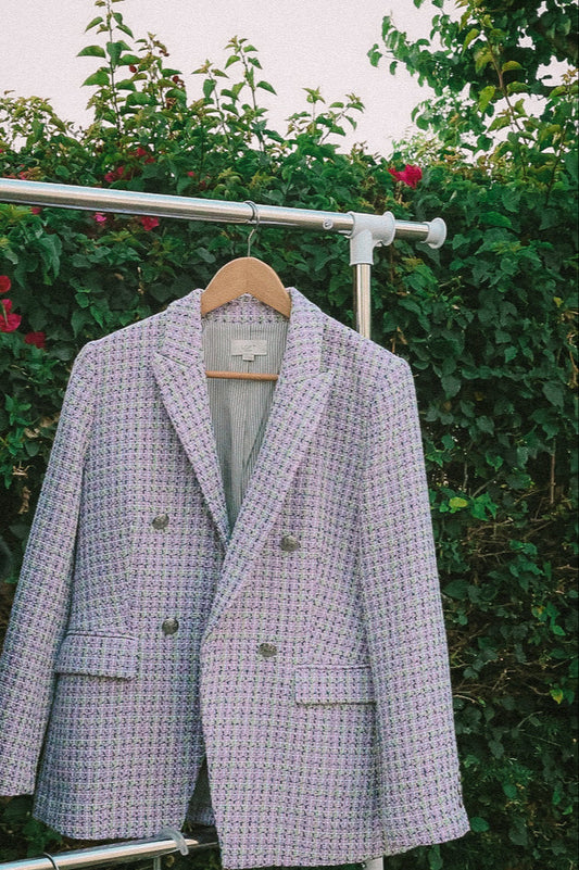 Double-breasted lavender and white tweed blazer with silver-tone buttons